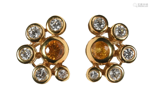 Pair 18K Gold, Diamond and Yellow Sapphire Earrings