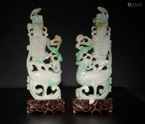 Pair of Jadeite Lidded Phoenix Jars with Stands