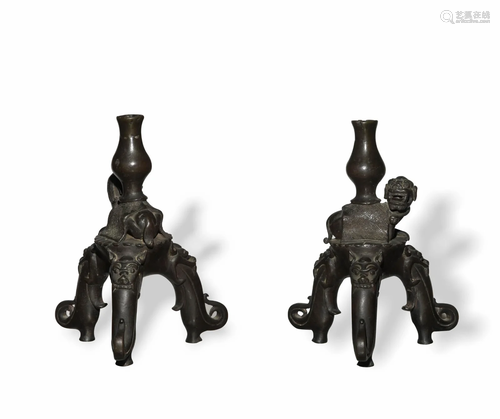 Pair of Chinese Bronze Prickets, Late Ming