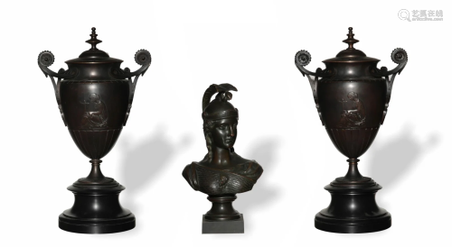 Pair of Bronze Urns and a Bust