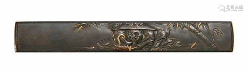 Japanese Shakudo Kozuka with Gold and Silver Inlay