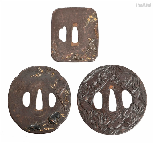 3 Japanese Mixed Metal Tsuba with Deer and Oxen