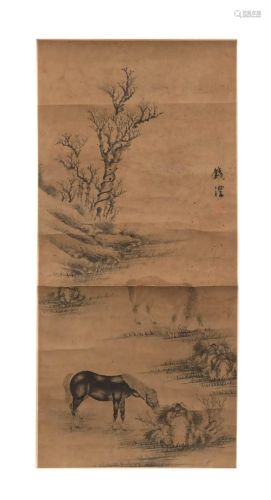 Chinese Painting of 2 Horses attributed to Qian Feng