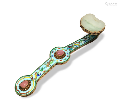 Chinese Silver Enameled Ruyi Wand, 19th Century