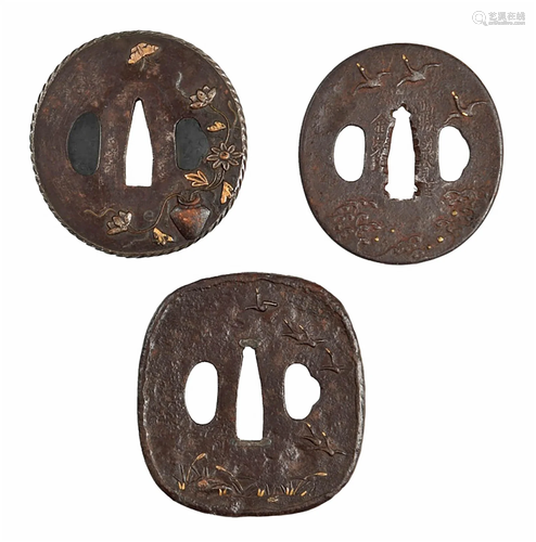 3 Japanese Iron Tsuba with Gold Wash