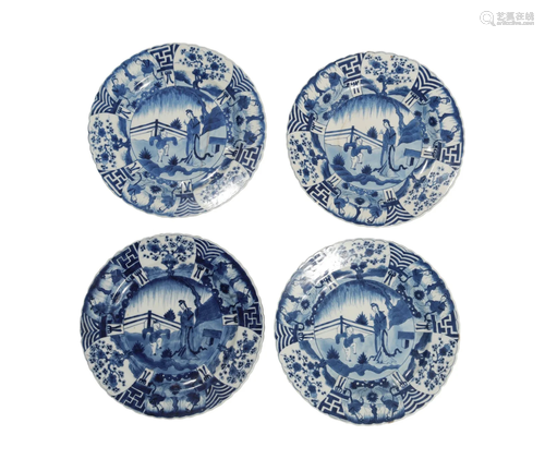 4 Blue and White Chinese Plates, Kangxi