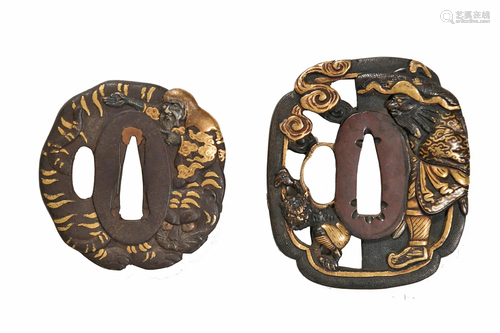 2 Japanese Iron Tsuba with Gold Inlay