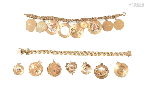 2 14K Gold Charm Bracelets with 16 14K Charms