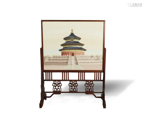 Framed Chinese Kesi Panel in Carved Rosewood Stand