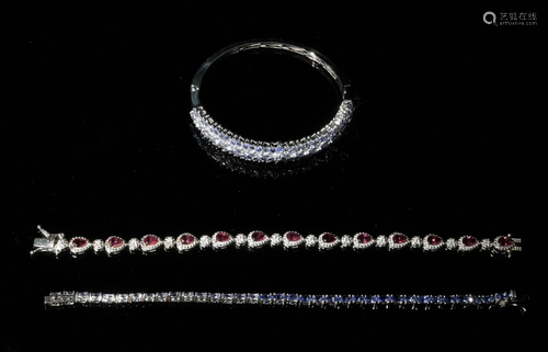 3 Sterling and Tanzanite and Rubellite Bracelets