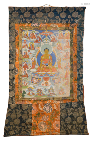 Thangka of Buddha and the 16 Arhats, 19th Century