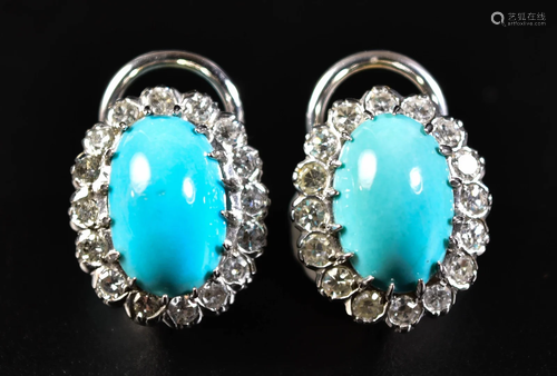 Pair of 14K Gold, Diamond and Turquoise Earrings