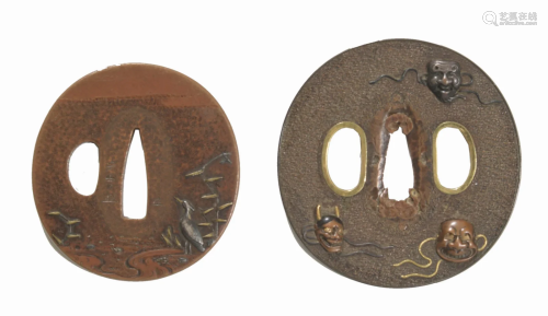 2 Japanese Mixed Metal Tsuba with Oni and Landscape