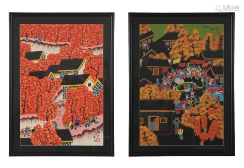 2 Chinese Huxian Peasant Paintings by Pan Xiaoling