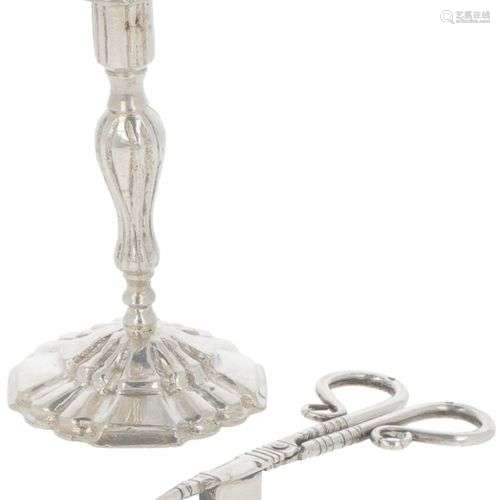 Miniature candlestick & silver wick cutter.