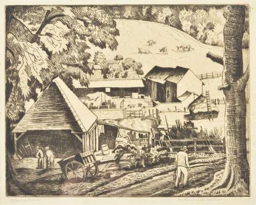 λ Ethelbert White (British 1891-1972), The farm in the hollo...