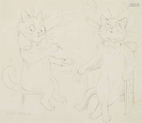 Louis Wain, British 1860-1939 - Smoking Cats; pencil on pape...
