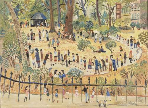 Fred Yates, British 1922-2008 - Crowded Park Scene; oil on b...