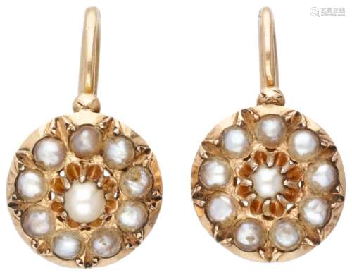 14K. Rose gold antique earrings set with seed pearls.