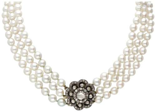 Three-row freshwater pearl necklace with a 14K. yellow gold/...