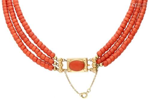 Three-row red coral necklace with a 14K. yellow gold closure...