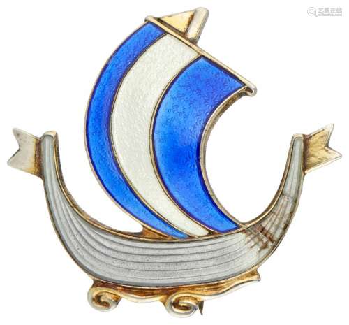 Silver Aksel Holmsen 'Viking Ship' brooch with white and blu...