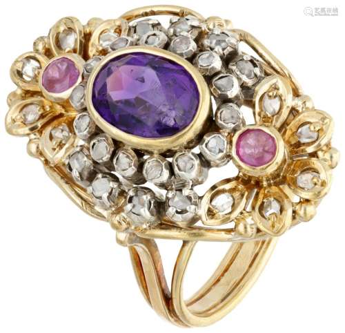18K. Yellow gold cocktail ring set with natural amethyst, ru...