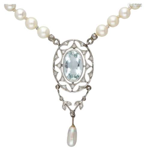 Art Deco pearl necklace with pendant set with approx. 2.20 c...