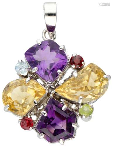Silver pendant set with various gemstones including amethyst...