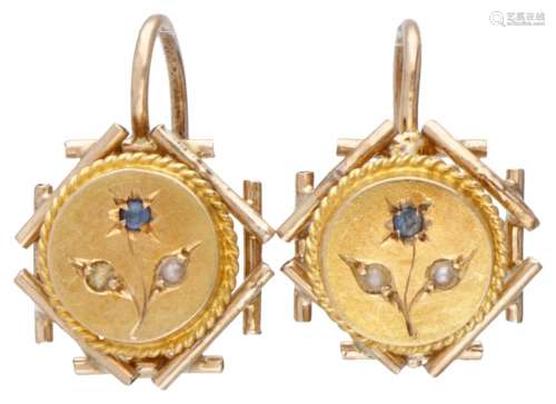18K. Yellow gold antique earrings set with seed pearl and bl...