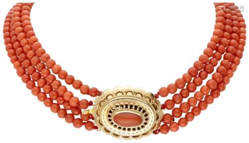Four-row antique red coral necklace with a 14K. yellow gold ...