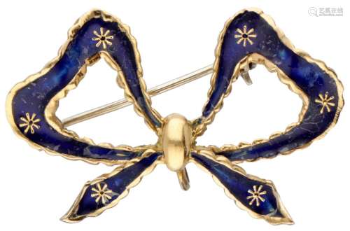Vintage 18K. yellow gold bow-shaped blue enamel brooch.