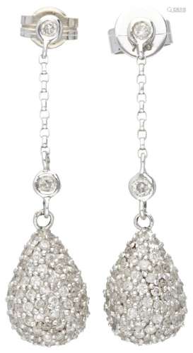 18K. White gold earrings with teardrop-shaped pavé pendant s...