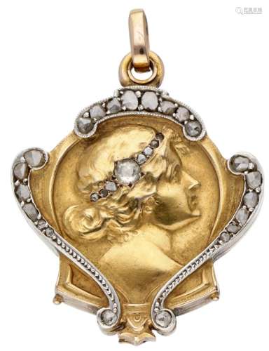 14K. Yellow gold Art Nouveau medallion pendant set with appr...