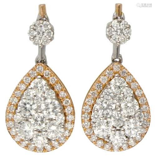 18K. Bicolor gold entourage earrings set with approx. 1.54 c...