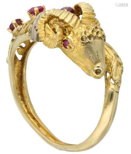 14K. Yellow gold ring in the shape of an ibex, set with diam...