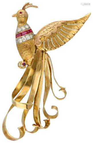 14K. Yellow gold vintage peacock brooch set with approx. 0.2...