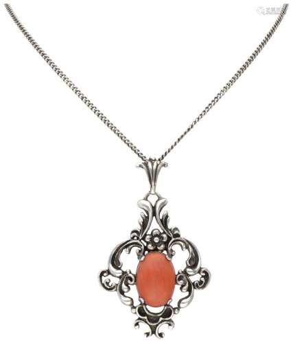 Silver necklace with pendant set with approx. 7.29 ct. red c...