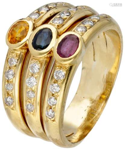 18K. Yellow gold ring set with approx. 0.24 ct. diamond, sap...
