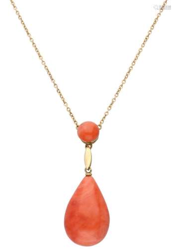 14K. Yellow gold vintage necklace with a red coral pendant.