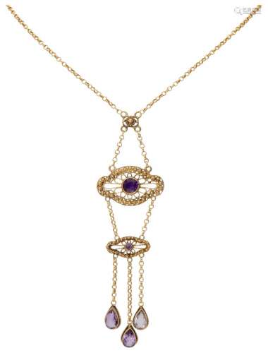 14K. Yellow gold antique necklace and pendant with cantille ...