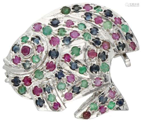 Silver brooch of a fish set with ruby, sapphire and emerald ...