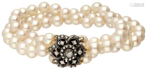 Three-row vintage freshwater pearl bracelet with rose cut di...