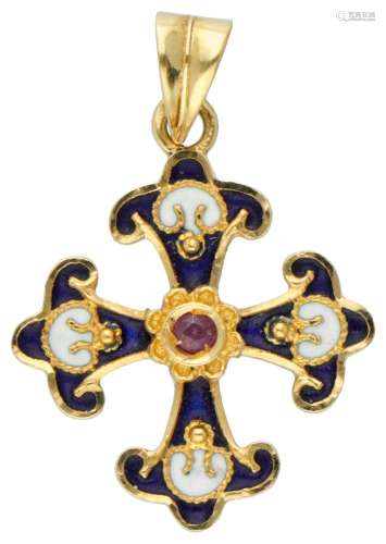 18K. Yellow gold cross-shaped pendant set with approx. 0.05 ...