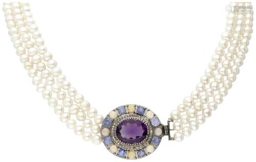 Three-row freshwater pearl necklace with silver closure set ...