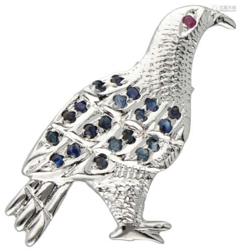 Silver brooch of a bird set with sapphire and ruby - 800/100...