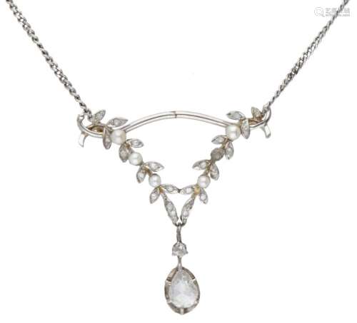 18K. White gold necklace with antique Pt 950 platinum pendan...