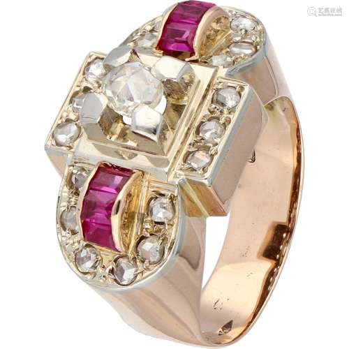 18K. Bicolor gold retro tank ring set with diamond and synth...