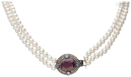 Two-row freshwater pearl necklace and silver closure set wit...