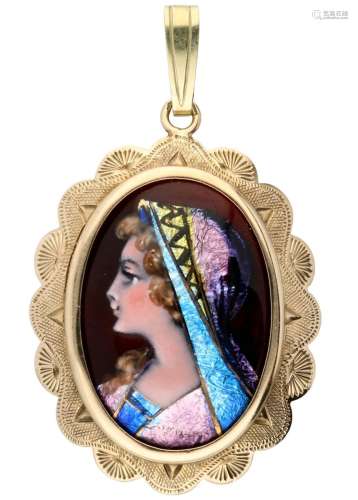 Pendant with portrait in Email d'Art in a richly engraved 14...